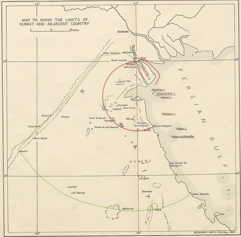 1913년 영국과 오스만 투르크와의 국경조약. 쿠웨이트시티에서 반경 80km를 영토로 하고, 그 지점에서 100km 내에 사는 부족에 대해 쿠웨이트가 조공 또는 조세권을 갖는다. /위키피디아