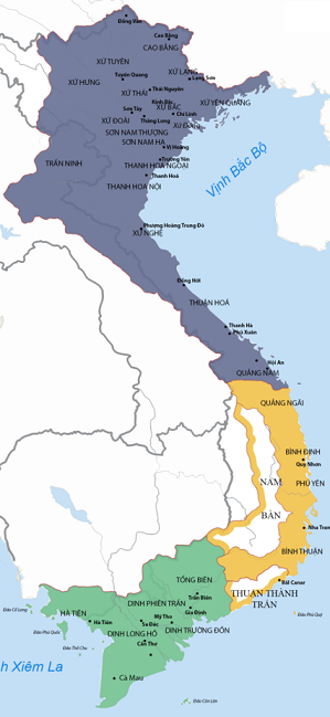 떠이 썬 왕조의 베트남. 북부(청색)는 동생 반 후에, 중부(황색)는 형 반 냑, 남부(녹색)는 웅우옌 푹 아인의 영역. /위키피디아