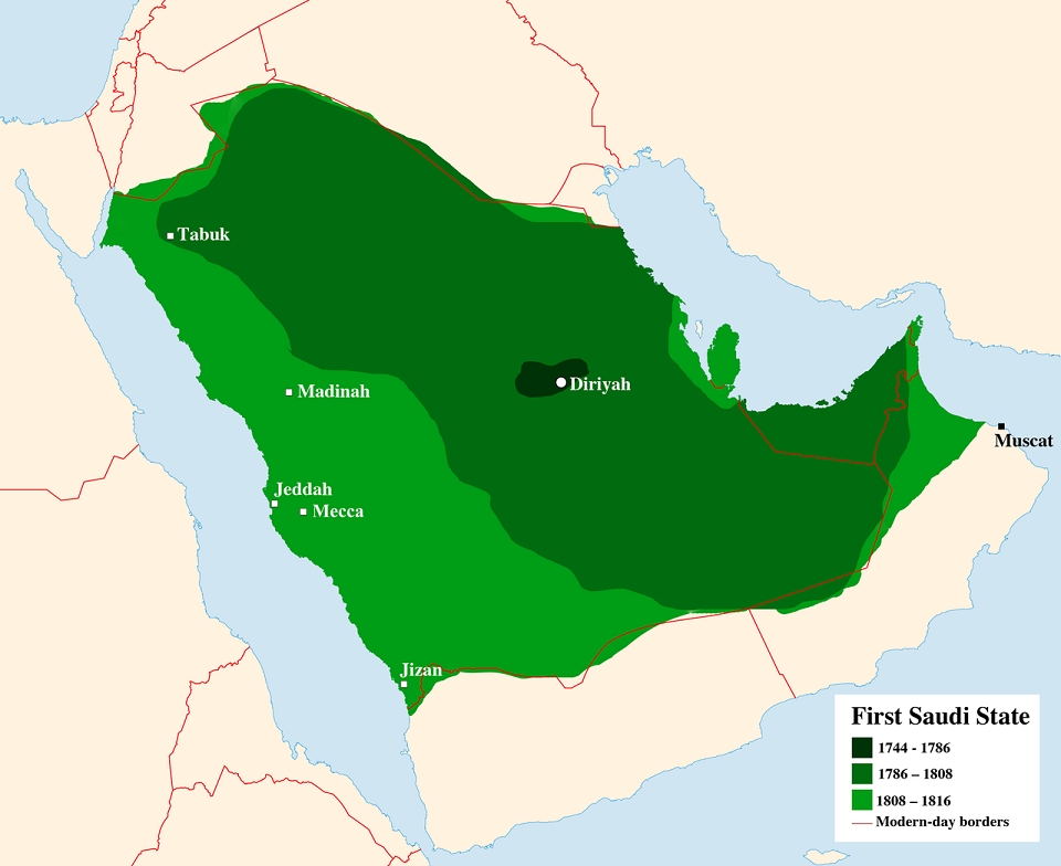 디리야 토후국의 제1왕국(1744–1818) 영토 /위키피디아