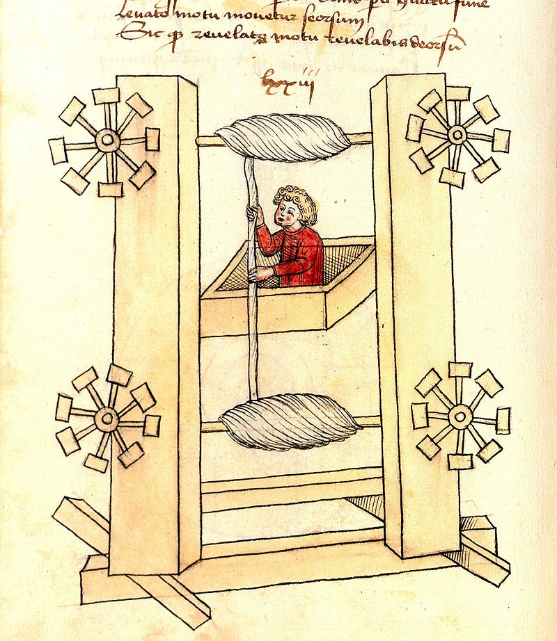 중세 1405년 독일 엔지니어 Konrad Kyeser가 고안한 엘리베이터 개념 /위키피디아