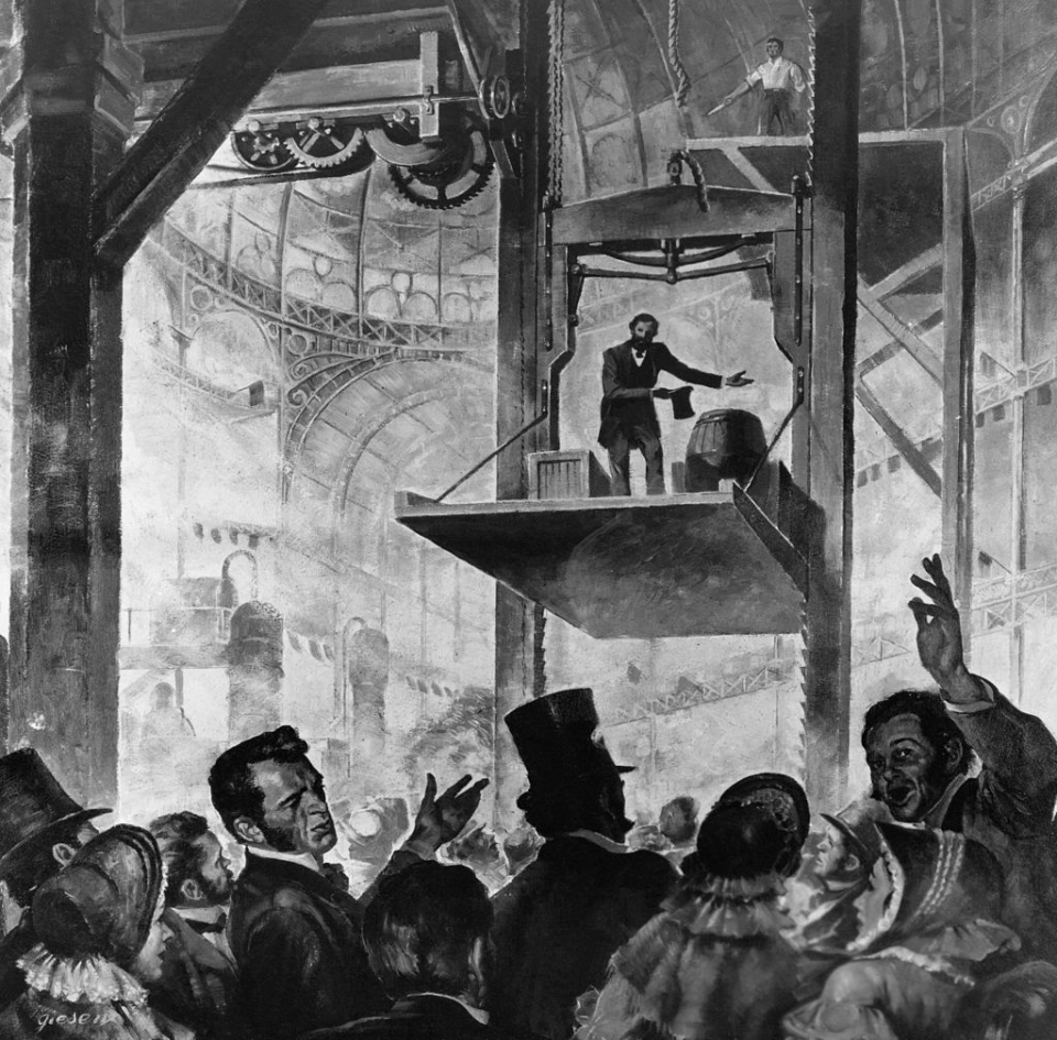 1854년 엘리베이터 안전성을 시험하는 엘리샤 오티스 /위키피디아