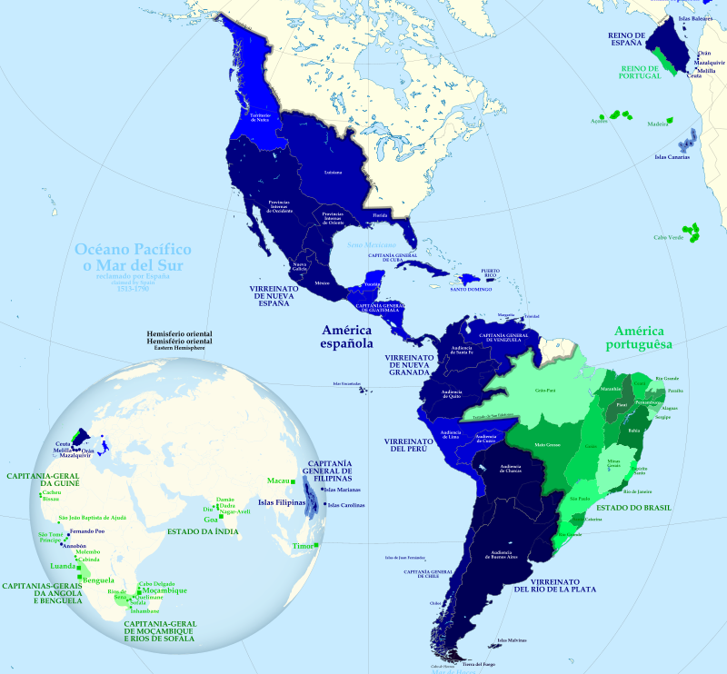 1790년 스페인과 포르투갈의 아메리카령(청색=스페인, 녹색=포르투갈) /위키피디아