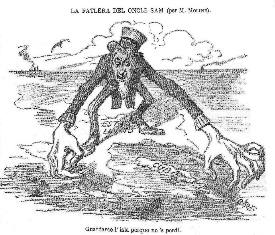 미국-스페인 전쟁 이전인 1896년에 그린 스페인 언론의 만평. 미국이 카리브해를 먹으려 시도하는 것을 풍자했다. /위키피디아