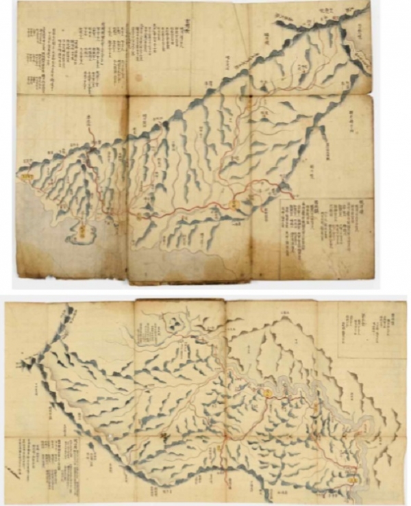 보물 제2061호 관북여지도, (위: 제1면 함경도 길주목, 아래: 제5면 함경도 무산부 지역)