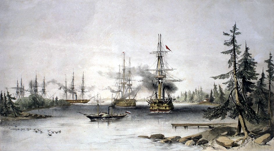 1853년 영국 해군과 프랑스 해군이 올란드의 러시아 기지를 포격하고 있다. /위키피디아