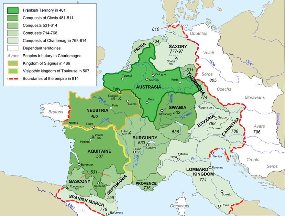 카를 대제 때 프랑크 왕국의 최대영역 /위키피디아