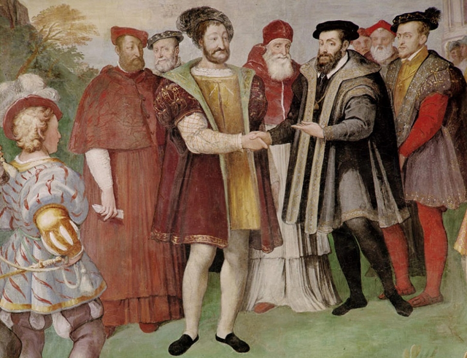 1538년 카를 5세와 프랑수아 1세의 니스 정전 회담후 악수를 나누는 그림. /위키피디아