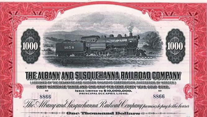 올버니-서스퀴해너 철도의 1,000 달러짜리 채권 /위키피디아