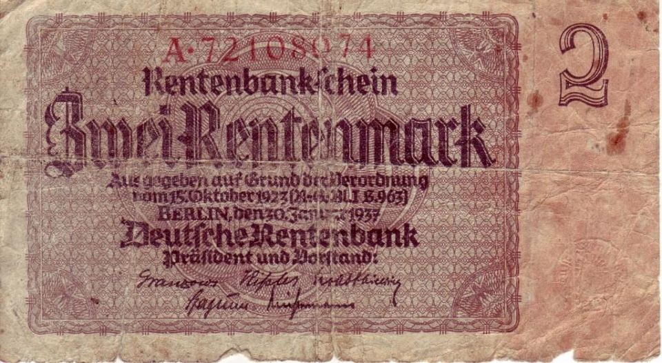 1923년 화폐개혁으로 나온 2렌텐마르크 지폐 /위키피디아
