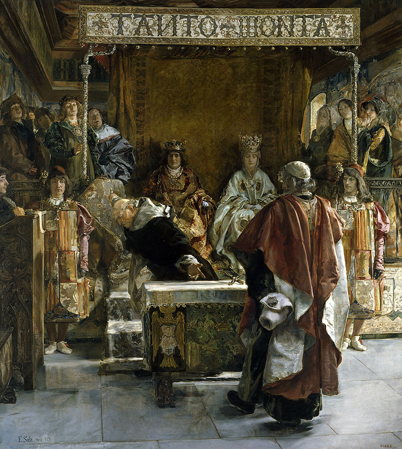 1492년 스페인 법원 대심문관이 이사벨라 여왕과 페르난도 국왕에게 알람브라 칙령에 서명을 요청하고 있는 모습. (에밀리오 살라 作, 1889년) /위키피디아