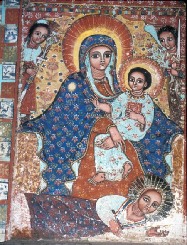 아기 예수를 안고 있는 성모 마리아의 발치에 멘테와브가 누워 있는 그림 /위키피디아