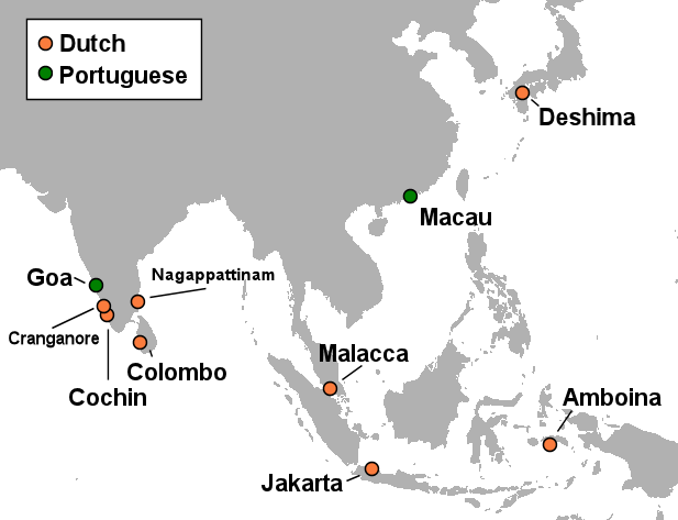 1665년 동아시아에서 포르투갈과 네덜란드 요새 /위키피디아