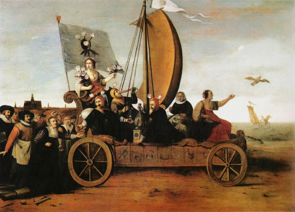 네덜란드 튤립 파동을 풍자한 그림, 꽃의 신 플로라가 환전상, 술꾼과 함께 차를 타고 바다를 향해 나아가고 있다. 그 뒤를 일확천금을 노리는 직조공들이 따르고 있다. /위키피디아