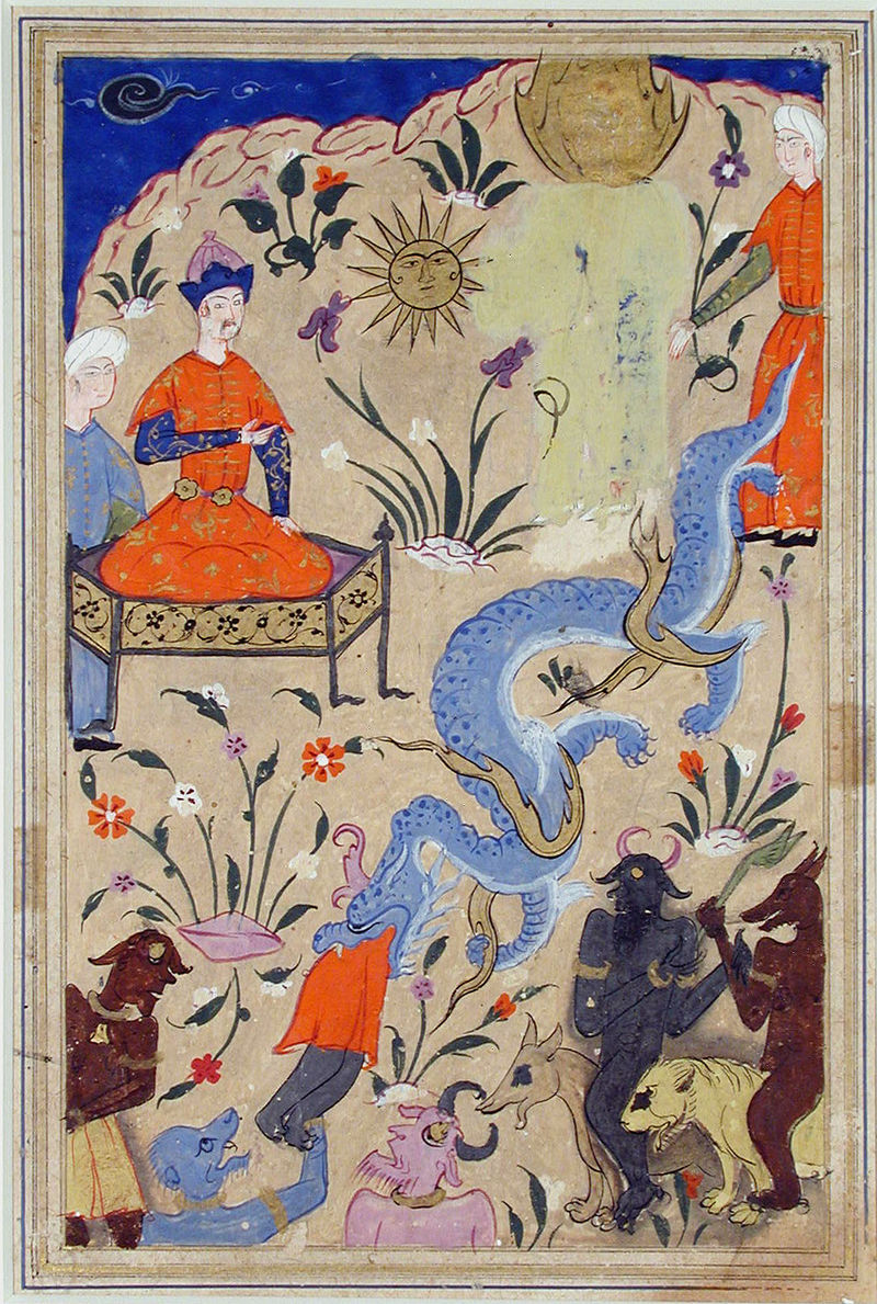 모세가 파라오 앞에서 던진 지팡이가 뱀으로 변한다. (이슬람 삽화, 1540) /위키피디아