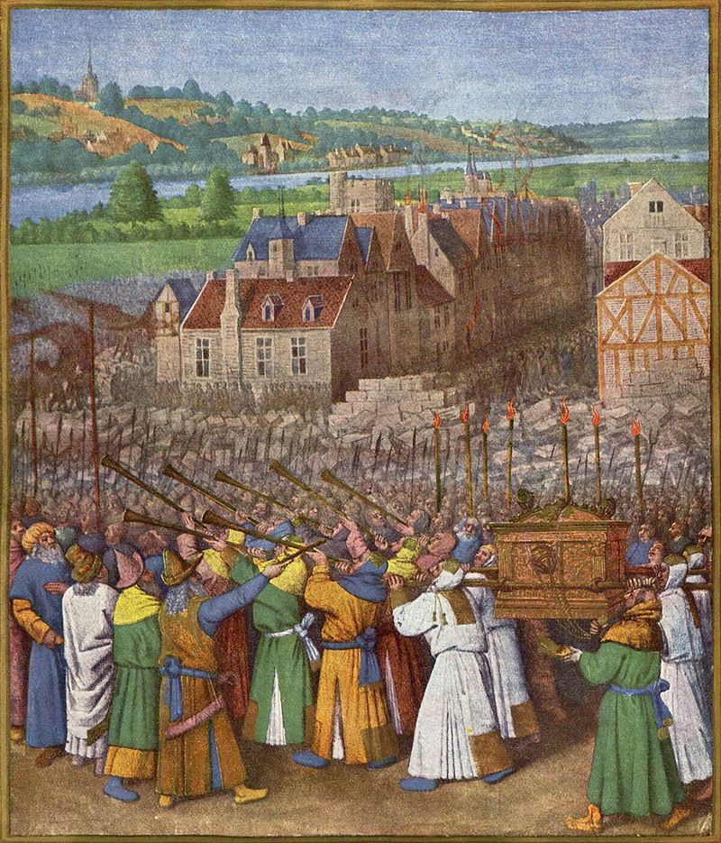 사제들이 나팔을 불자 이스라엘 군사들이 함성을 지르고 여리고 성이 무너졌다. (Jean Fouquet, 1415-1420) /위키피디아