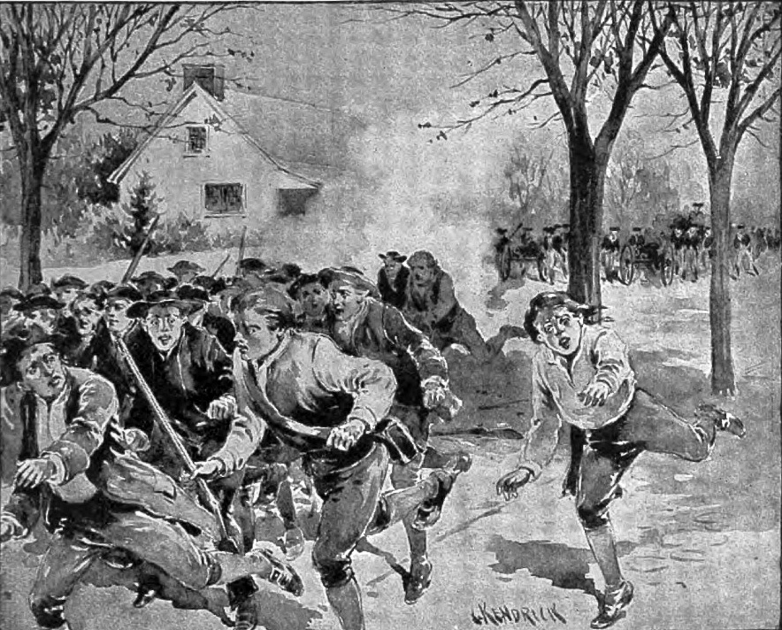셰이스의 농민 시위대가 1787년 무기고 탈취에 실패 도주하고 있다. /위키피디아