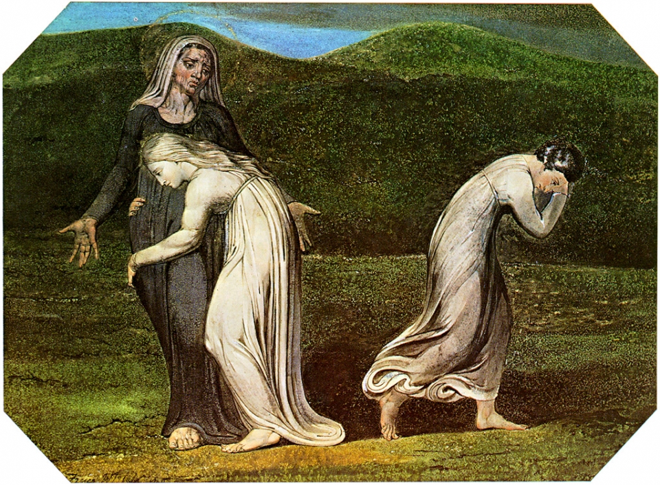 나오미의 두 며느리 중 오르바는 돌아가고 룻은 시어머니에게 남는다. (William Blake, 1795) /위키피디아
