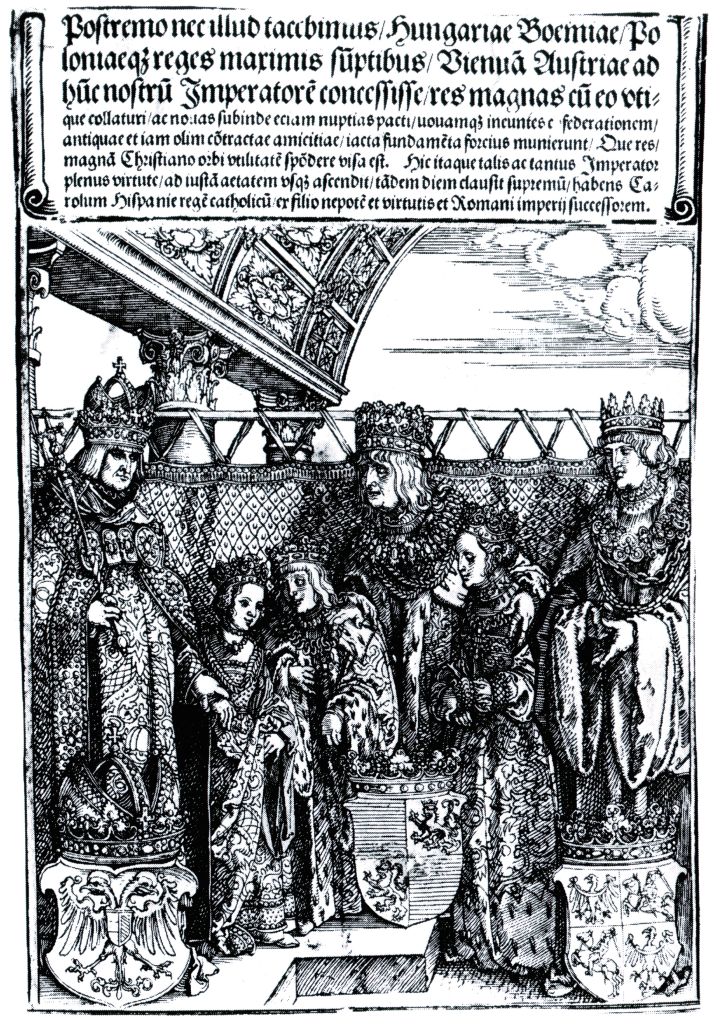 1515년, 막시밀리안 황제(가운데)와 지기스문트 폴란드왕(오른쪽), 울라디슬로 헝가리왕의 빈 회담을 그린 그림. /위키피디아
