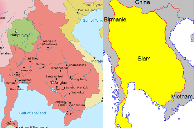 900년의 크메르 제국 영토와 1809년 샴(태국) 영토 /위키피디아