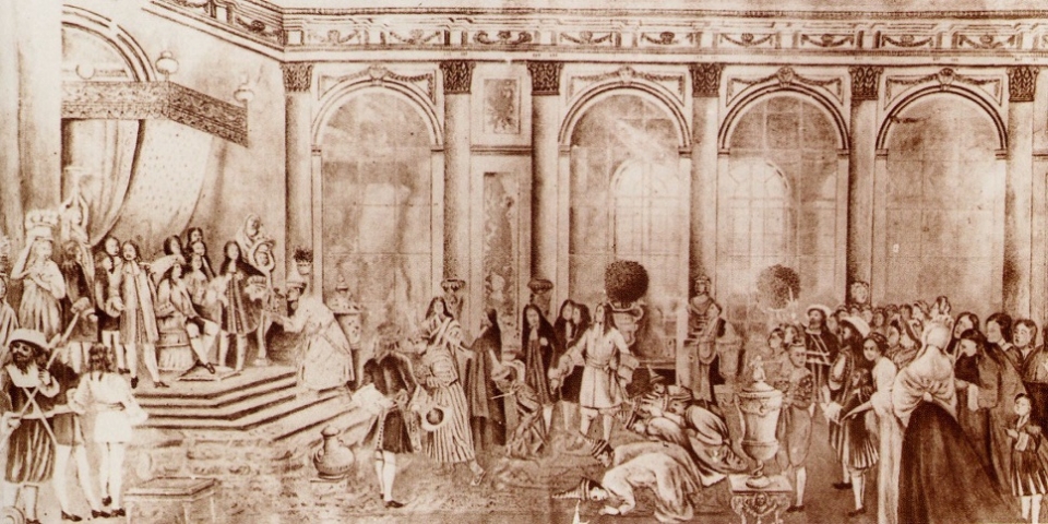 아유타야 왕국의 사절 코사 판이 1686년 프랑스 루이 14세에게 나라이 왕의 서신을 전달하고 있다. /위키피디아