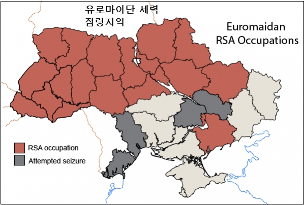 2014년초 유로마이단 장악지역(갈색)과 탈환시도지(회색) /위키피디아