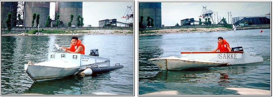 처음에는 PE보트를 제작해 항해를 시작했다. 오른쪽 보트로 한려수도 400m를 항해했다. /사진=이효웅 제공