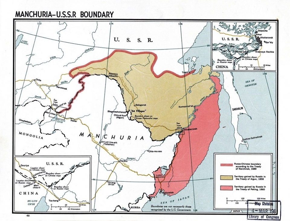 네르친스크조약(1689), 아이훈조약(1858), 베이징조약(1860)에 의한 국경변동 /위키피디아