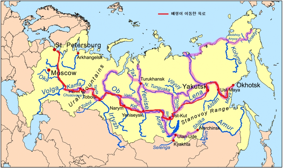 베링 일행이 이동한 시베리아 육로 /위키피디아