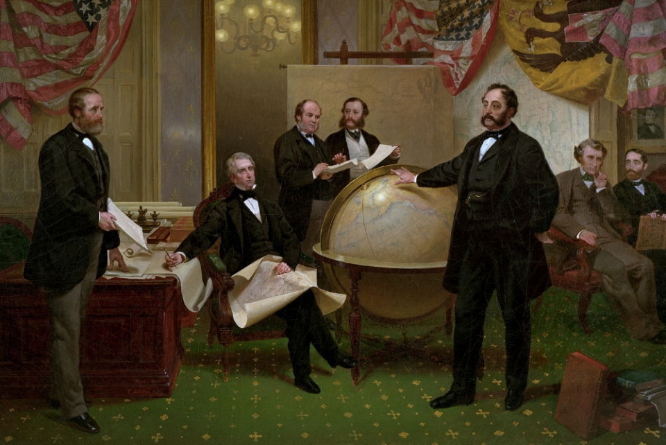 1867년 3월 30일 알래스카 매매 계약. 지구본 옆에 앉아 있는 이가 윌리엄 슈어드 미국 국무장관. /위키피디아