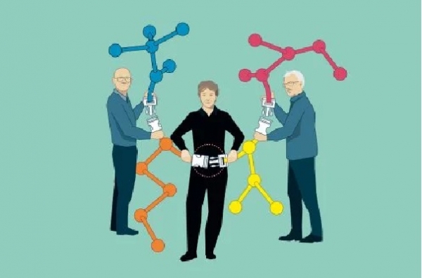 올해 노벨 화학상 공동수상자인 캐럴린 버토지, 모르텐 멜달, 배리 샤플리스 3명이 개발한 '클릭화학'과 '생체직교반응'을 묘사한 그래픽. /노벨위원회 홈페이지