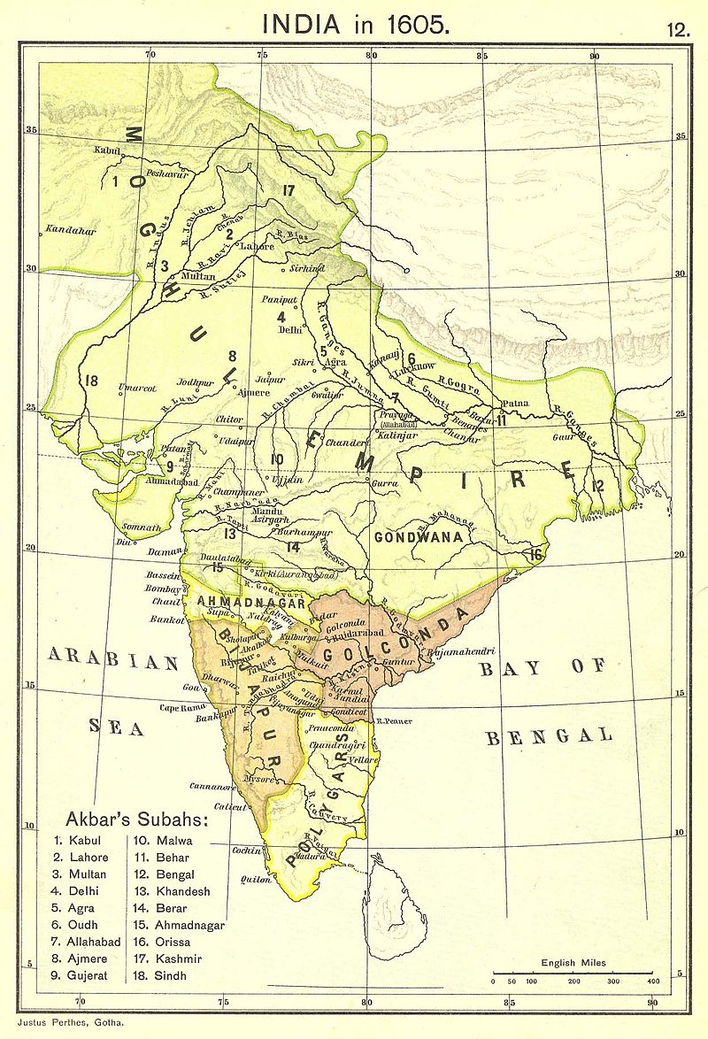 악바르 말기(1605)의 무굴제국 영토(황색) /위키피디아