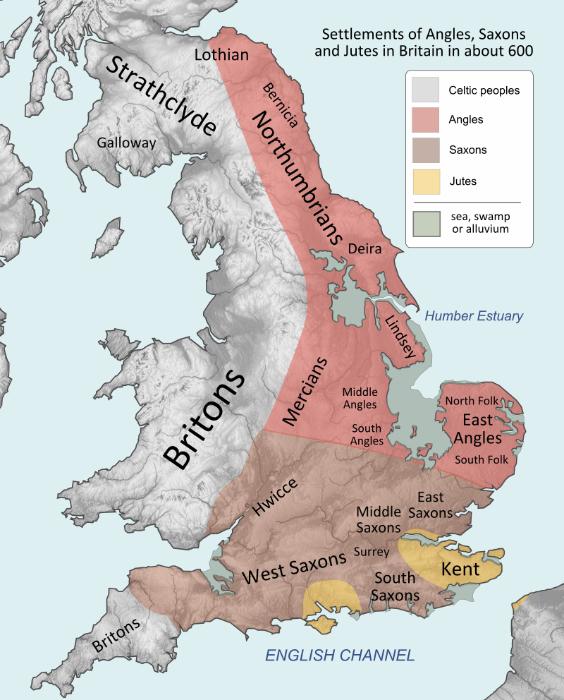 앵글로-색슨족 침입후 AD 600년경 브리튼섬 /위키피디아