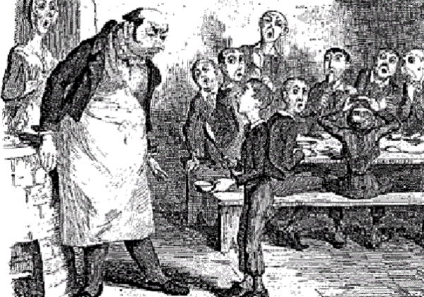 초판본(1838년) 첫페이지에 올리버가 죽을 좀  더달라고 요구하는 내용의 삽화./위키피디아