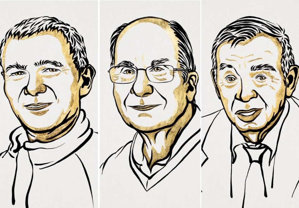 ​올해 노벨 화학상 수상자 커리커쳐. 왼쪽부터 문지 바웬디, 루이스 브루스, 알렉세이 예키모프 /노벨위원회 홈페이지​