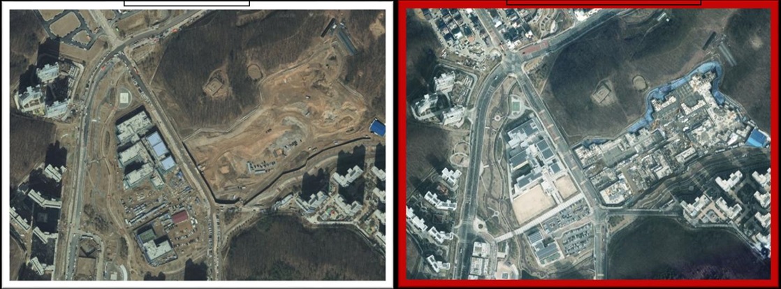 공사 이후 최신현황을 반영한 영상지도(좌측은 기존서비스, 우측은 국토위성 영상지도) /국토부​